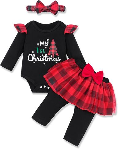 زي طفلة عيد الميلاد الأول بأكمام طويلة، سروال تنورة من التل مع عصابة رأس لعيد الميلاد للأطفال in Kuwait