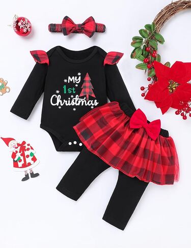 زي طفلة عيد الميلاد الأول بأكمام طويلة، سروال تنورة من التل مع عصابة رأس لعيد الميلاد للأطفال in Kuwait