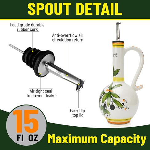Ceramic Olive Oil Dispenser Bottle 15oz, Hand Painted Olive Oil Bottles for Kitchen, Decorative Stoneware Olive Oil Cruet with Stainless Steel Spout for Oils, Vinegar, Coffee Syrups, Sauces in Saudi Arabia