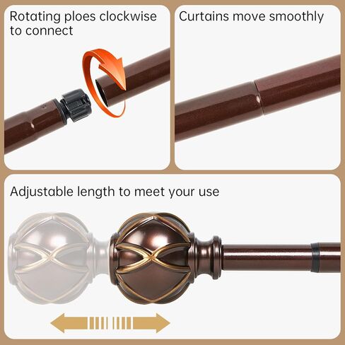 Drapery Curtain Rods for Windows 28 to 48 Inches, Netted Texture Finials, 7/8 Inch Diameter, 33 to 45 Inches, Brown in Kuwait