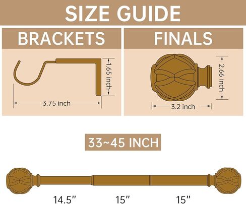 Drapery Curtain Rods for Windows 28 to 48 Inches, Netted Texture Finials, 7/8 Inch Diameter, 33 to 45 Inches, Brown in Kuwait
