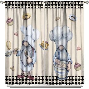 Gnome Chef Kitchen Curtains,Cute Gnomes Donut Cake Garlic Print Pattern,Black White Buffalo Plaid Background Rod Pocket Window Drapes for Kids Bedroom Living Room Cafe 42x45 Inch in Kuwait