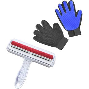 FAREEHA Pet Hair Remover Combo: Roller & Gentle Grooming Glove - Effortlessly Remove Dog Cat Hair from Furniture, Carpet, Bedding & Enjoy Deshedding & Massage with Enhanced Five Finger Design in Saudi Arabia