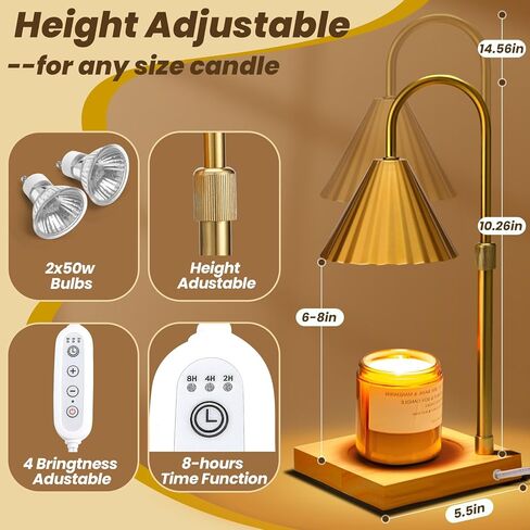 مصباح تدفئة الشموع من بيستمال، جهاز ذوبان شموع كهربائية ذهبية فاتحة قابلة للتعتيم مع مؤقت، جهاز تدفئة فانوس الشمع قابل للتعديل مع لمبتين للشمع المعطر وديكور المنزل in Kuwait
