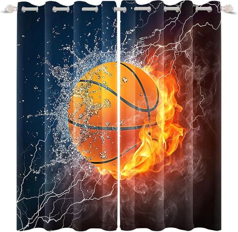 renaiss حرق كرة السلة نافذة الستائر البرق كرة السلة نافذة العلاجات المياه لهب ضبابي ستائر التعتيم للبنين فتاة المراهقين غرفة نوم غرفة اللعب الديكور ديكور المنزل 53x84 بوصة × 2 لوحات in Kuwait