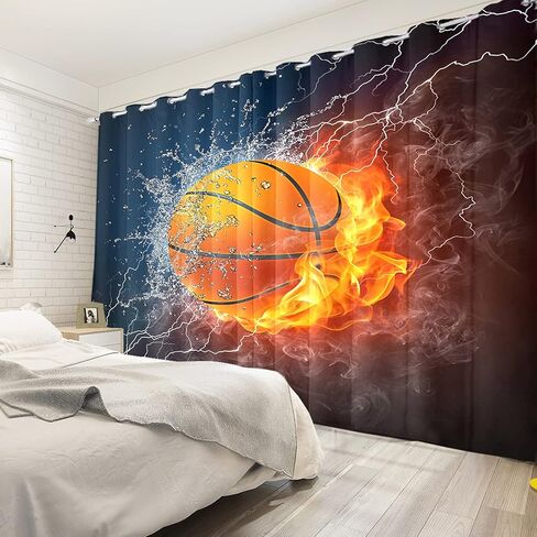 renaiss حرق كرة السلة نافذة الستائر البرق كرة السلة نافذة العلاجات المياه لهب ضبابي ستائر التعتيم للبنين فتاة المراهقين غرفة نوم غرفة اللعب الديكور ديكور المنزل 53x84 بوصة × 2 لوحات in Kuwait