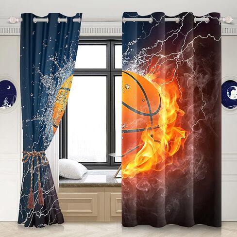 renaiss حرق كرة السلة نافذة الستائر البرق كرة السلة نافذة العلاجات المياه لهب ضبابي ستائر التعتيم للبنين فتاة المراهقين غرفة نوم غرفة اللعب الديكور ديكور المنزل 53x84 بوصة × 2 لوحات in Kuwait