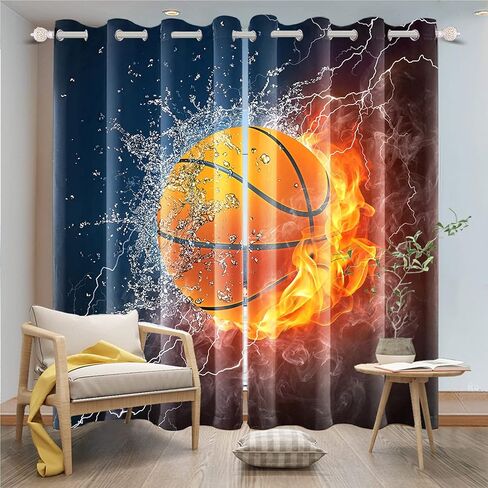 renaiss حرق كرة السلة نافذة الستائر البرق كرة السلة نافذة العلاجات المياه لهب ضبابي ستائر التعتيم للبنين فتاة المراهقين غرفة نوم غرفة اللعب الديكور ديكور المنزل 53x84 بوصة × 2 لوحات in Kuwait