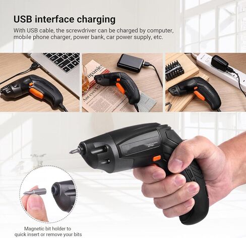 مفك براغي لاسلكي، مفك براغي كهربائي قابل لإعادة الشحن 3.6 فولت 2000 مللي أمبير في الساعة بطارية ليثيوم أيون مع 33 قطعة مجموعة لقم لولبية مجانية، شحن USB مع اثنين من مصابيح LED باللون الأسود - SDP70DC in Kuwait