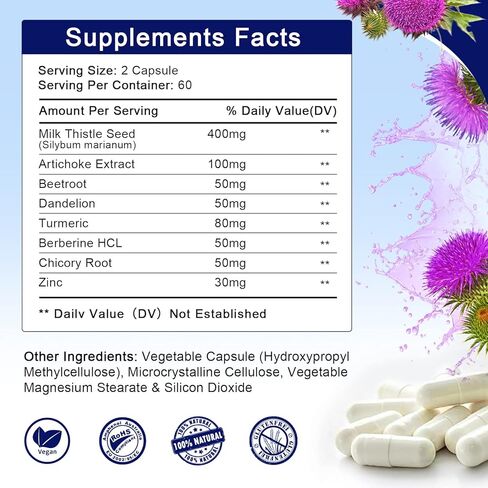 Liver Complex Supplement to Detox, Cleanse, and Repair The Liver, Natural Ingredients Milk Thistle Seed Silybum Marianum, Artichoke Extract, Dandelion, Berberine, Chicory Root & Turmeric(120 Counts) in Kuwait