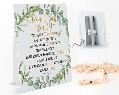 Don't Say Baby Baby Shower Game, Don't Say Baby Sign(Sign 8x11 Inch), Leafy, 1 Standing Sign + 50 Clothespins(ds08) in Kuwait