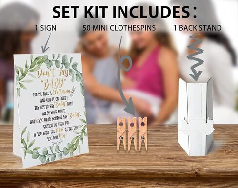 Don't Say Baby Baby Shower Game, Don't Say Baby Sign(Sign 8x11 Inch), Leafy, 1 Standing Sign + 50 Clothespins(ds08) in Kuwait