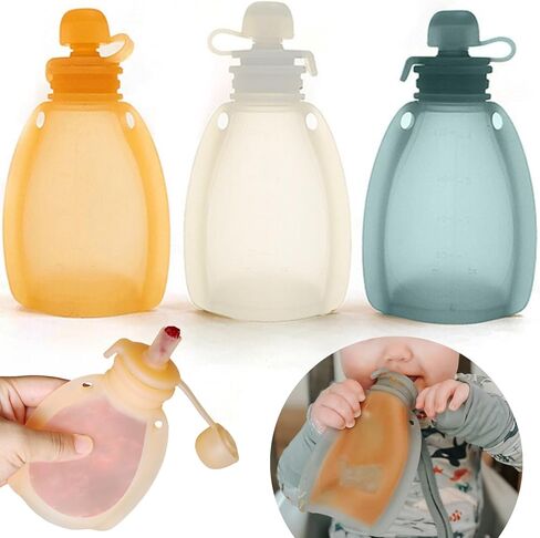 Reusable Silicone Food Pouch for Baby and Toddlers, Squeezable Pouch, Squeeze Pouch, Easy Clean Silicone Pouch for Pre-K and School, Homemade Baby Food Storage, 4oz (Blue-Orange-2 Pack) in Saudi Arabia