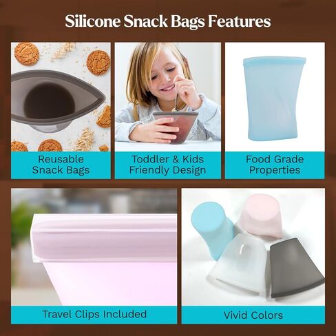 Reusable Silicone Snack Bags for Kids - Durable and Secure Travel Containers with Travel Clips | Food Pouches for Toddlers, and Young Children | Eco-Friendly and Easy to Clean Silicone Bags - 4 Pack in Kuwait