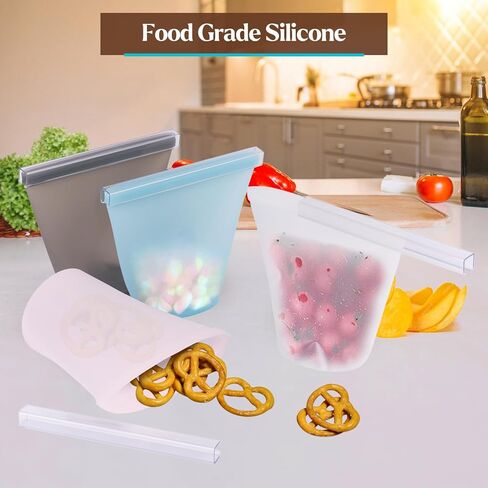 Reusable Silicone Snack Bags for Kids - Durable and Secure Travel Containers with Travel Clips | Food Pouches for Toddlers, and Young Children | Eco-Friendly and Easy to Clean Silicone Bags - 4 Pack in Kuwait