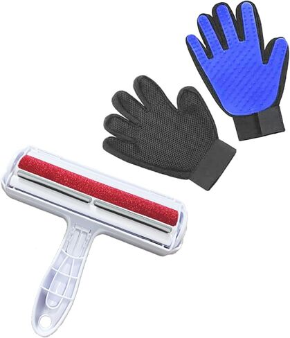 Fareeha Pet Hair Remover Combo: Roller & Gentle Grooming Glove - Effortlessly Remove Cat Hair from Furniture, Carpet, Bedding & Enjoy Deshedding & Massage with Enhanced Five Finger Design in Saudi Arabia