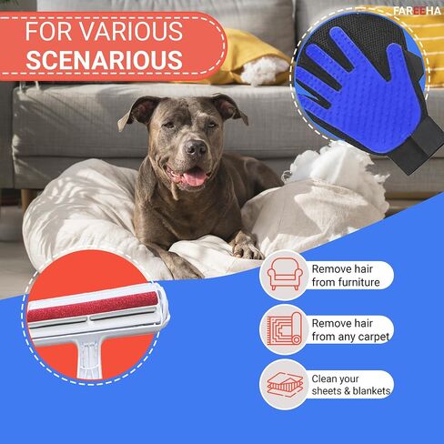 Fareeha Pet Hair Remover Combo: Roller & Gentle Grooming Glove - Effortlessly Remove Cat Hair from Furniture, Carpet, Bedding & Enjoy Deshedding & Massage with Enhanced Five Finger Design in Saudi Arabia