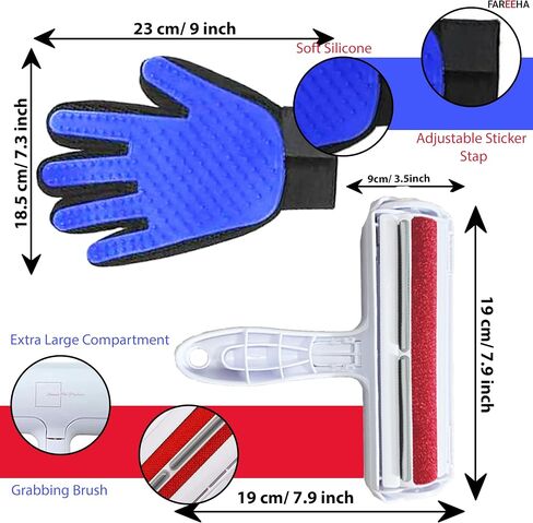 Fareeha Pet Hair Remover Combo: Roller & Gentle Grooming Glove - Effortlessly Remove Cat Hair from Furniture, Carpet, Bedding & Enjoy Deshedding & Massage with Enhanced Five Finger Design in Saudi Arabia