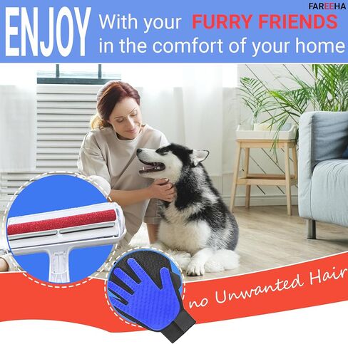 Fareeha Pet Hair Remover Combo: Roller & Gentle Grooming Glove - Effortlessly Remove Cat Hair from Furniture, Carpet, Bedding & Enjoy Deshedding & Massage with Enhanced Five Finger Design in Saudi Arabia