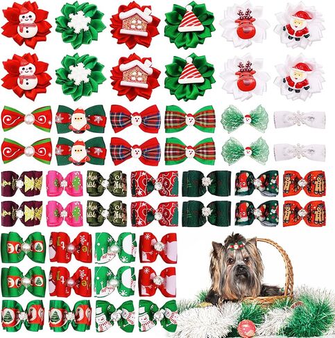 PET SHOW Pack of 100 Small Dog Hair Bows Christmas Pet Costume with Rubber Bands Xmas Cat Puppy Grooming Hair Accessories Color Assorted in Saudi Arabia