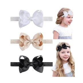 3 PCS 4" Baby Girls Headbands Boutique Grosgrain Ribbon Hair Bows Baby Girls Bows Headbands for Baby Girls Infants Toddler Kids Teens and Children - Black White Khaki