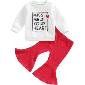 ملابس عيد الحب للفتيات الصغيرات - سويت شيرت بياقة دائرية وأكمام طويلة وسروال على شكل جرس من الأسفل مجموعة ملابس عيد الحب in Kuwait