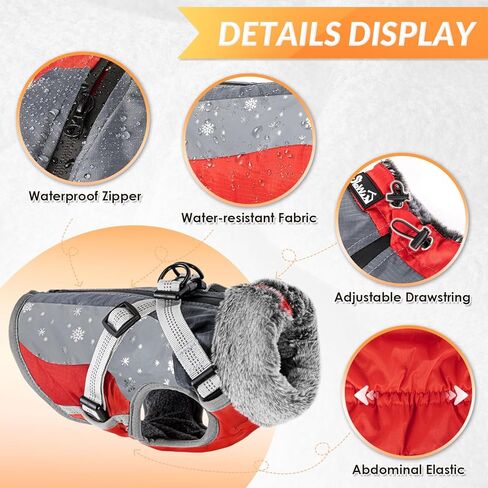 معطف للكلاب من لوكوفي مزود بحزام مدمج، معاطف دافئة للكلاب من الصوف المقاوم للماء للكلاب الصغيرة والمتوسطة الحجم، سترة عاكسة قابلة للتعديل من الفرو للمشي في الهواء الطلق (أحمر) in Kuwait