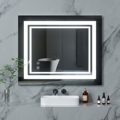 مرآة حمام LED مثبتة على الحائط مع مقاومة للضباب، مرآة مكياج بزر لمس ذكي مقاوم للماء مع أضواء عمودية وأفقية (32 × 24 بوصة) in Kuwait