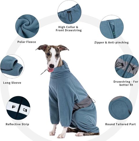 Dog Winter Coat Jumpsuit, Blue Fleece, Large (57cm Back, 82cm Chest, 47cm Neck), Water Resistant, Zipper & Drawstring, for Large Breeds in Kuwait