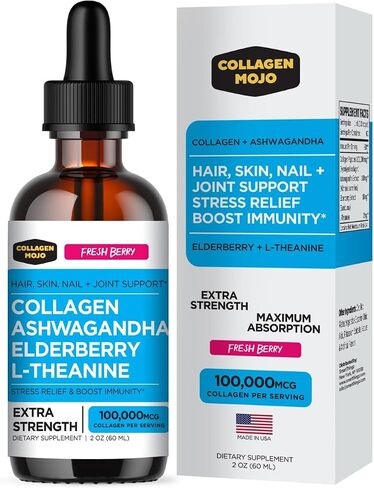 Collagen Mojo Liquid Collagen Peptides with Ashwagandha, Elderberry & L-Theanine. High Potency and Absorption Formula. Hair, Skin, Nail + Joint Support. Stress Relief & Boost Immunity 2 Oz. in Saudi Arabia