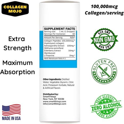Collagen Mojo Liquid Collagen Peptides with Ashwagandha, Elderberry & L-Theanine. High Potency and Absorption Formula. Hair, Skin, Nail + Joint Support. Stress Relief & Boost Immunity 2 Oz. in Saudi Arabia