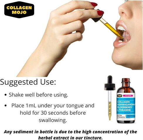 Collagen Mojo Liquid Collagen Peptides with Ashwagandha, Elderberry & L-Theanine. High Potency and Absorption Formula. Hair, Skin, Nail + Joint Support. Stress Relief & Boost Immunity 2 Oz. in Saudi Arabia