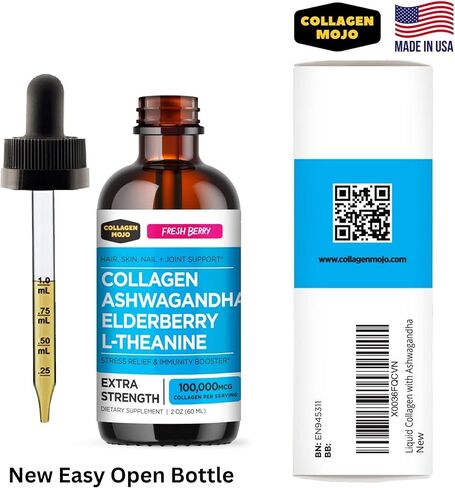 Collagen Mojo Liquid Collagen Peptides with Ashwagandha, Elderberry & L-Theanine. High Potency and Absorption Formula. Hair, Skin, Nail + Joint Support. Stress Relief & Boost Immunity 2 Oz. in Saudi Arabia