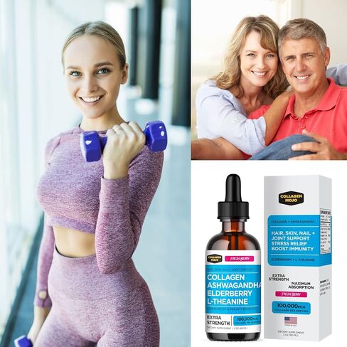 Collagen Mojo Liquid Collagen Peptides with Ashwagandha, Elderberry & L-Theanine. High Potency and Absorption Formula. Hair, Skin, Nail + Joint Support. Stress Relief & Boost Immunity 2 Oz. in Saudi Arabia