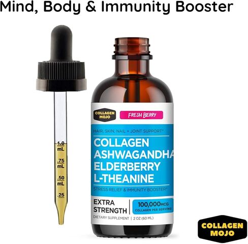 Collagen Mojo Liquid Collagen Peptides with Ashwagandha, Elderberry & L-Theanine. High Potency and Absorption Formula. Hair, Skin, Nail + Joint Support. Stress Relief & Boost Immunity 2 Oz. in Saudi Arabia
