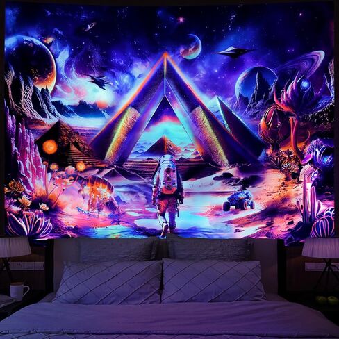 Amonercvita Blacklight Galaxy Space Tapestry UV Reactive Astronaut Tapestry Trippy Pyramid Planet Tapestry Fantasy Neon Plants Wall Hanging Mysterious Jellyfish Tapestry for Bedroom in Kuwait