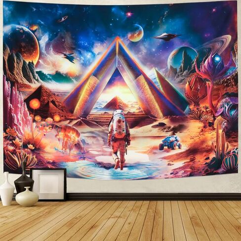 Amonercvita Blacklight Galaxy Space Tapestry UV Reactive Astronaut Tapestry Trippy Pyramid Planet Tapestry Fantasy Neon Plants Wall Hanging Mysterious Jellyfish Tapestry for Bedroom in Kuwait