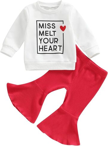 ملابس عيد الحب للفتيات الصغيرات - سويت شيرت بياقة دائرية وأكمام طويلة وسروال على شكل جرس من الأسفل مجموعة ملابس عيد الحب in Kuwait