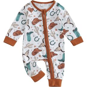 Nokpsedcb Western Baby Boy Clothes Long Sleeve Cowboy Pint Zip Up Rompers Jumpsuits Infant Girl Fall Outfits
