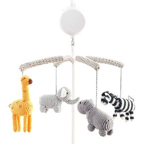 Woodland Safari Musical Baby Crib Mobile, Handmade Nursery Mobile Decor in White and Gray