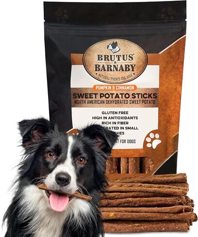 BRUTUS & BARNABY USA البطاطا الحلوة للكلاب - خالية من الحبوب، وأعواد لحم الخنزير المقدد باليقطين المقرمشة - مذاق رائع، وتعزز صحة أمعاء الكلاب بشكل إيجابي مع خصائص طبيعية مضادة للإسهال، بدون إضافة مواد حافظة in Kuwait