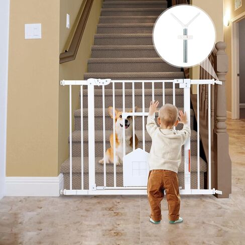 Baby Gate with Cat Door, HAHA KID 29-40" Auto Close Baby Gate, Pressure Mounted Easy Walk Thru Cat Pet Gate for Stairs,Doorways, House includes 4 Y-Spindle Rods & 3 Extension Pieces (White) in Saudi Arabia