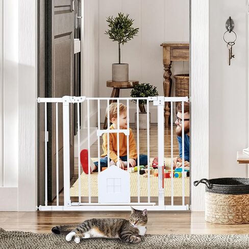 Baby Gate with Cat Door, HAHA KID 29-40" Auto Close Baby Gate, Pressure Mounted Easy Walk Thru Cat Pet Gate for Stairs,Doorways, House includes 4 Y-Spindle Rods & 3 Extension Pieces (White) in Saudi Arabia