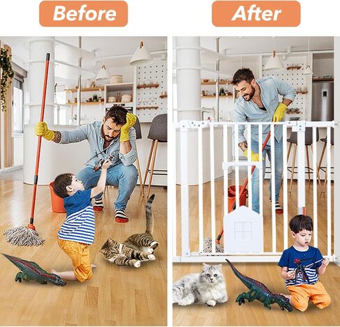 Baby Gate with Cat Door, HAHA KID 29-40" Auto Close Baby Gate, Pressure Mounted Easy Walk Thru Cat Pet Gate for Stairs,Doorways, House includes 4 Y-Spindle Rods & 3 Extension Pieces (White) in Saudi Arabia