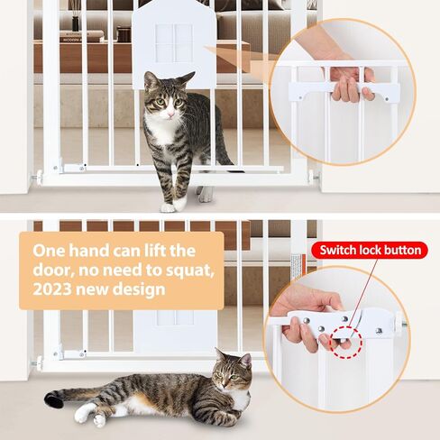 Baby Gate with Cat Door, HAHA KID 29-40" Auto Close Baby Gate, Pressure Mounted Easy Walk Thru Cat Pet Gate for Stairs,Doorways, House includes 4 Y-Spindle Rods & 3 Extension Pieces (White) in Saudi Arabia