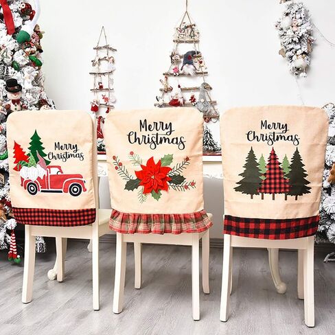 Jhua Christmas Back Chair Cover Set of 3 Pcs Dining Room Chair Covers for Christmas Linen Dining Chair Back Covers Christmas Tree Flower Dinner Chair Covers for Xmas Banquet Kitchen Dining Room Decor in Kuwait