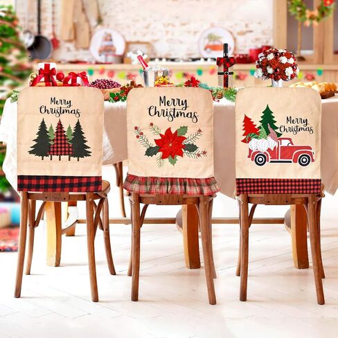 Jhua Christmas Back Chair Cover Set of 3 Pcs Dining Room Chair Covers for Christmas Linen Dining Chair Back Covers Christmas Tree Flower Dinner Chair Covers for Xmas Banquet Kitchen Dining Room Decor in Kuwait