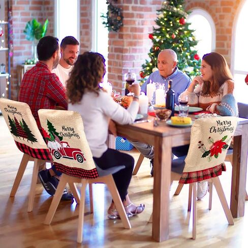 Jhua Christmas Back Chair Cover Set of 3 Pcs Dining Room Chair Covers for Christmas Linen Dining Chair Back Covers Christmas Tree Flower Dinner Chair Covers for Xmas Banquet Kitchen Dining Room Decor in Kuwait