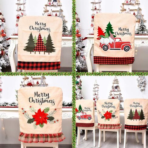 Jhua Christmas Back Chair Cover Set of 3 Pcs Dining Room Chair Covers for Christmas Linen Dining Chair Back Covers Christmas Tree Flower Dinner Chair Covers for Xmas Banquet Kitchen Dining Room Decor in Kuwait