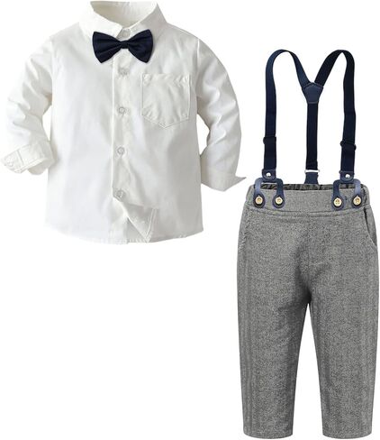 SANGTREE Boys Gentleman Clothes Set, Short Sleeve Shirt with Bowtie + Suspender Pants Outfit, 3 Months - 6 Years in Saudi Arabia